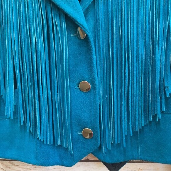 VINTAGE PIONEER WEAR GENUINE LEATHER FRINGE JACKET IN DEEP TEAL - Picture 9 of 16